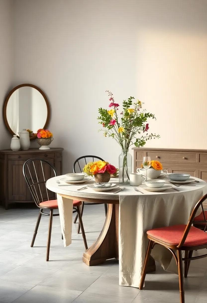 Classic Farmhouse Round Dining Tables Decorated With fresh Seasonal ⁢Flowers And Vintage​ Crockery