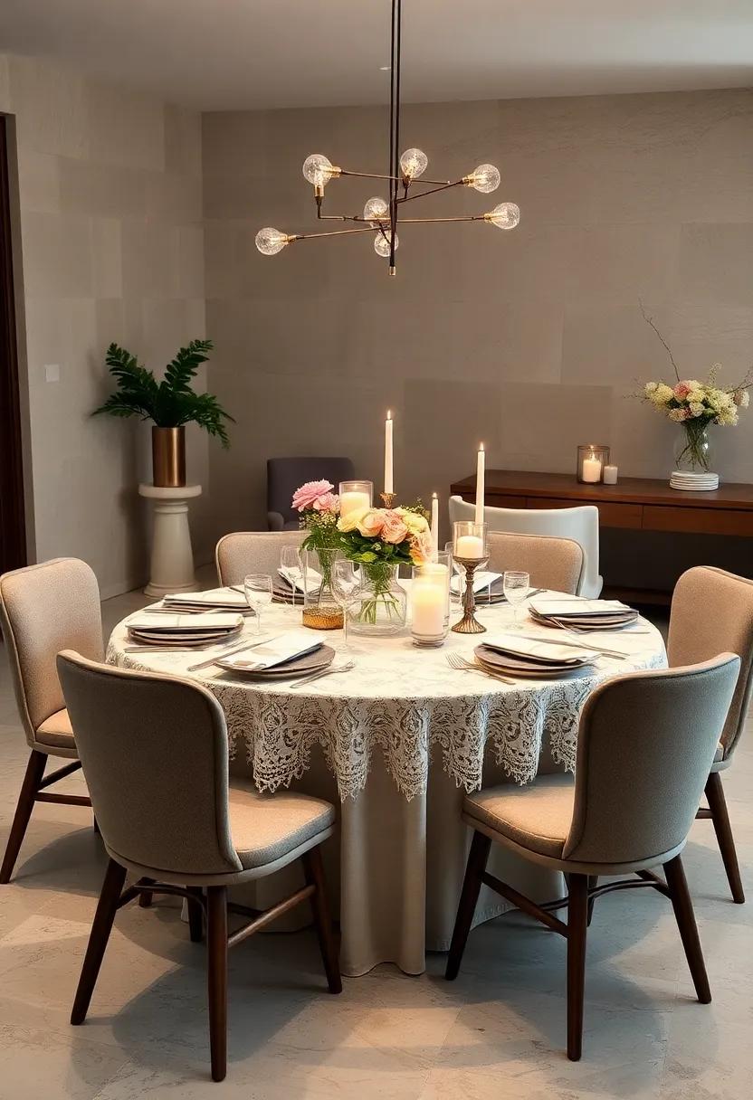 Soft ⁤romantic Round Dining Tables With Delicate Lace Linens, Candles In Glass Holders,‍ And Pastel Florals