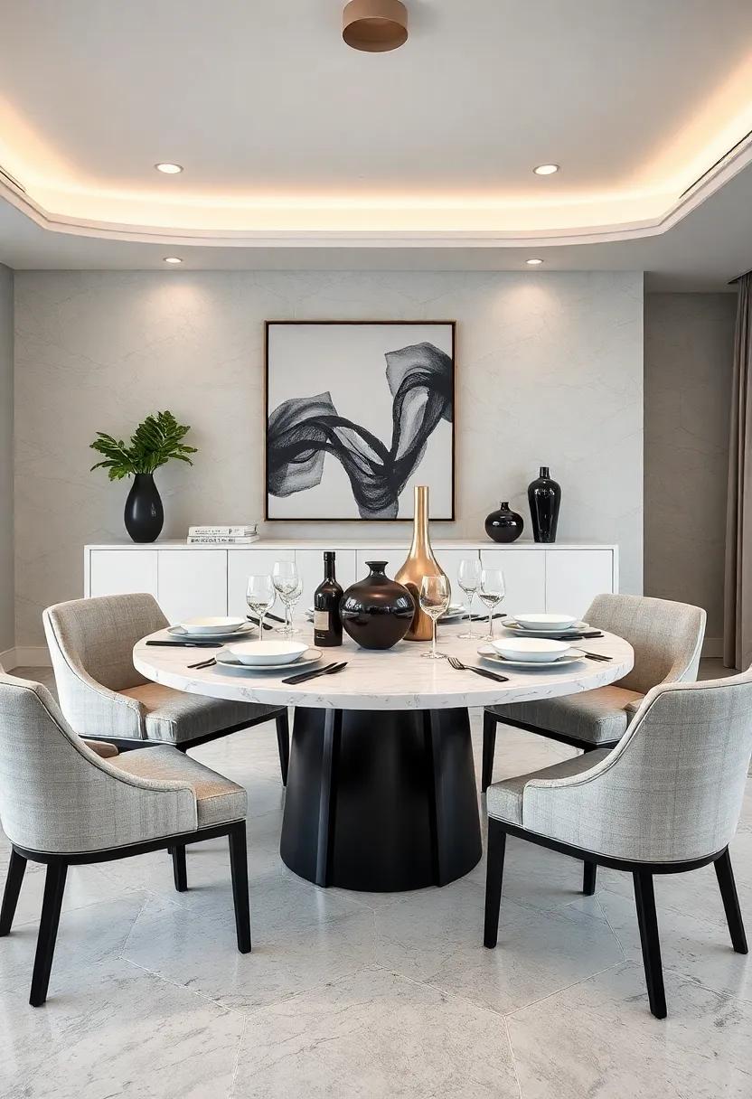 Monochrome Black And White Round Dining Tables With Modern Art Sculptures⁣ and Sleek Dishware