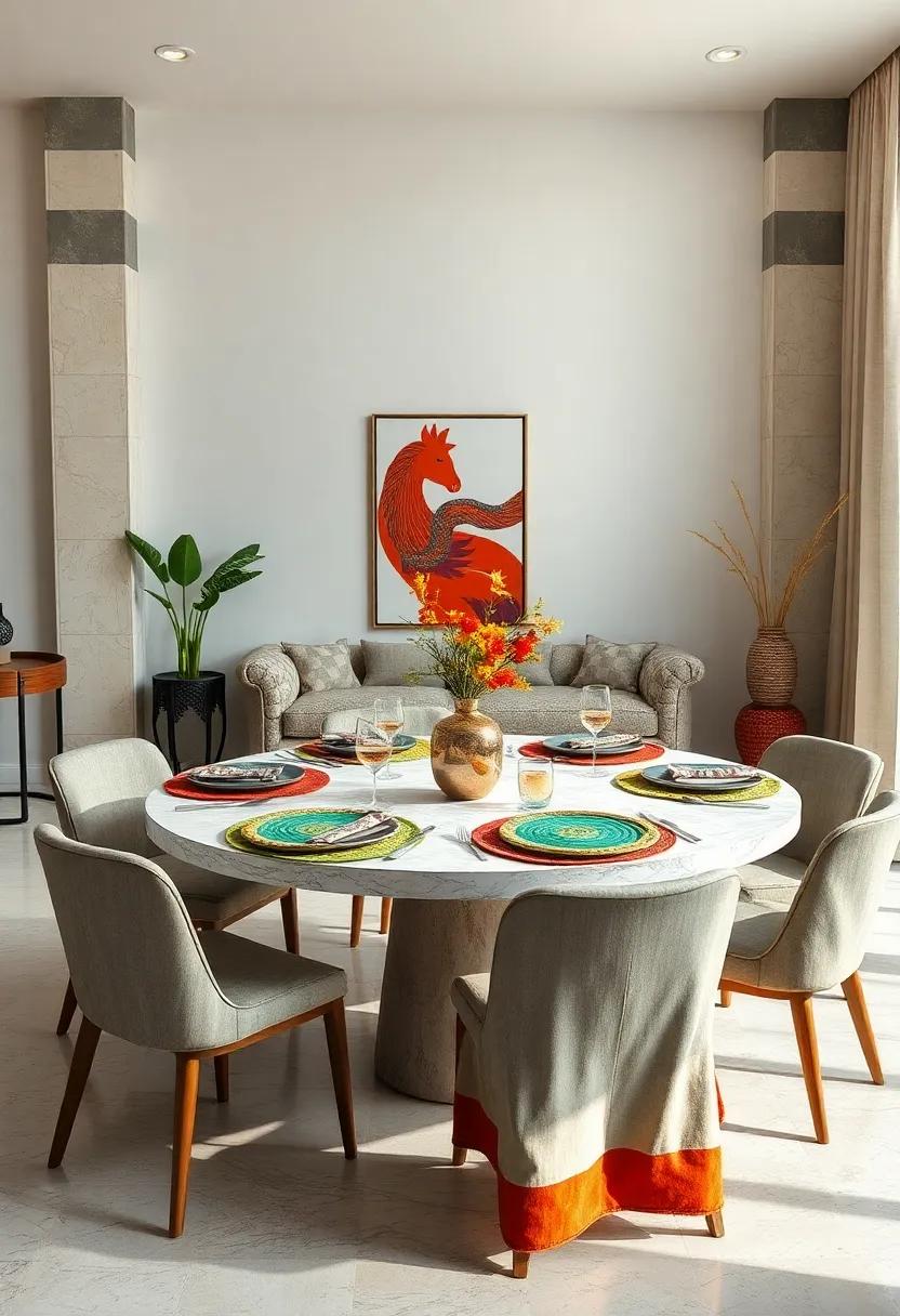 Eclectic Mix Of Patterns And Textures On Round⁤ Tables With Colorful Woven Placemats And Bold Artwork