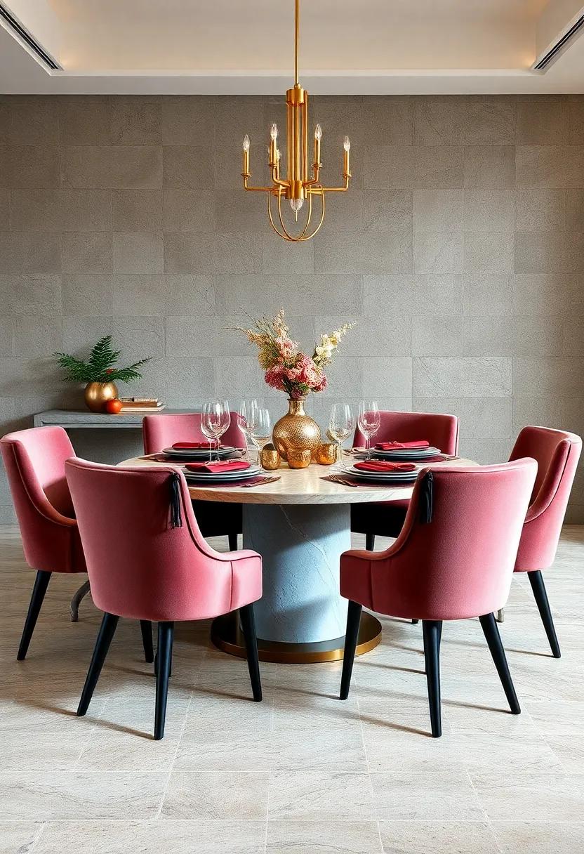 Glamorous Round Dining ⁣Tables Styled With Luxe ⁣Velvet Chairs And Shimmering Metallic Tableware