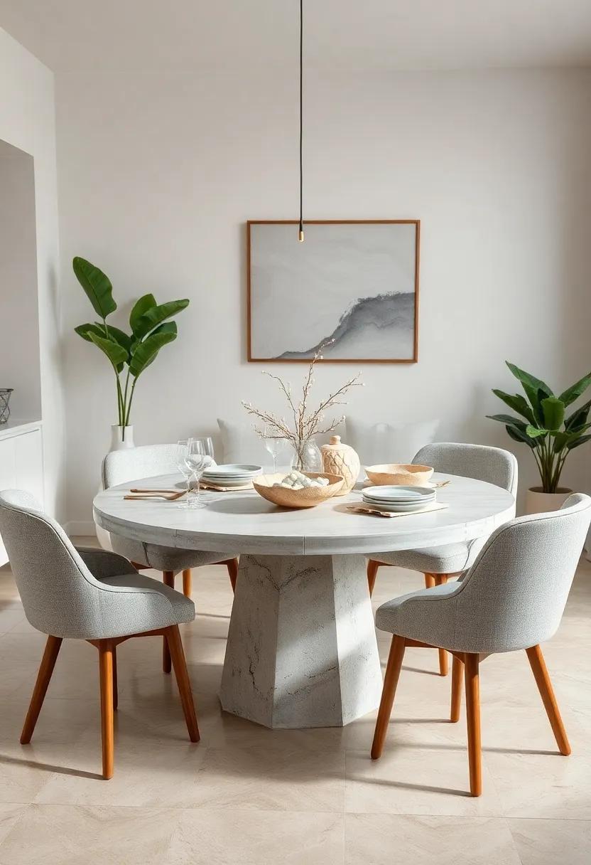 Soft Coastal Vibes On Round Dining Tables featuring Light⁢ Blues, ‌Sea‌ Glass Decor, ​And Driftwood Bowls
