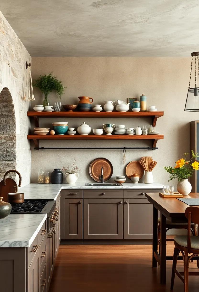 Open shelving with vintage dishes: Showcase your favorite pottery​ and glassware on open wooden shelves for a cozy, inviting display