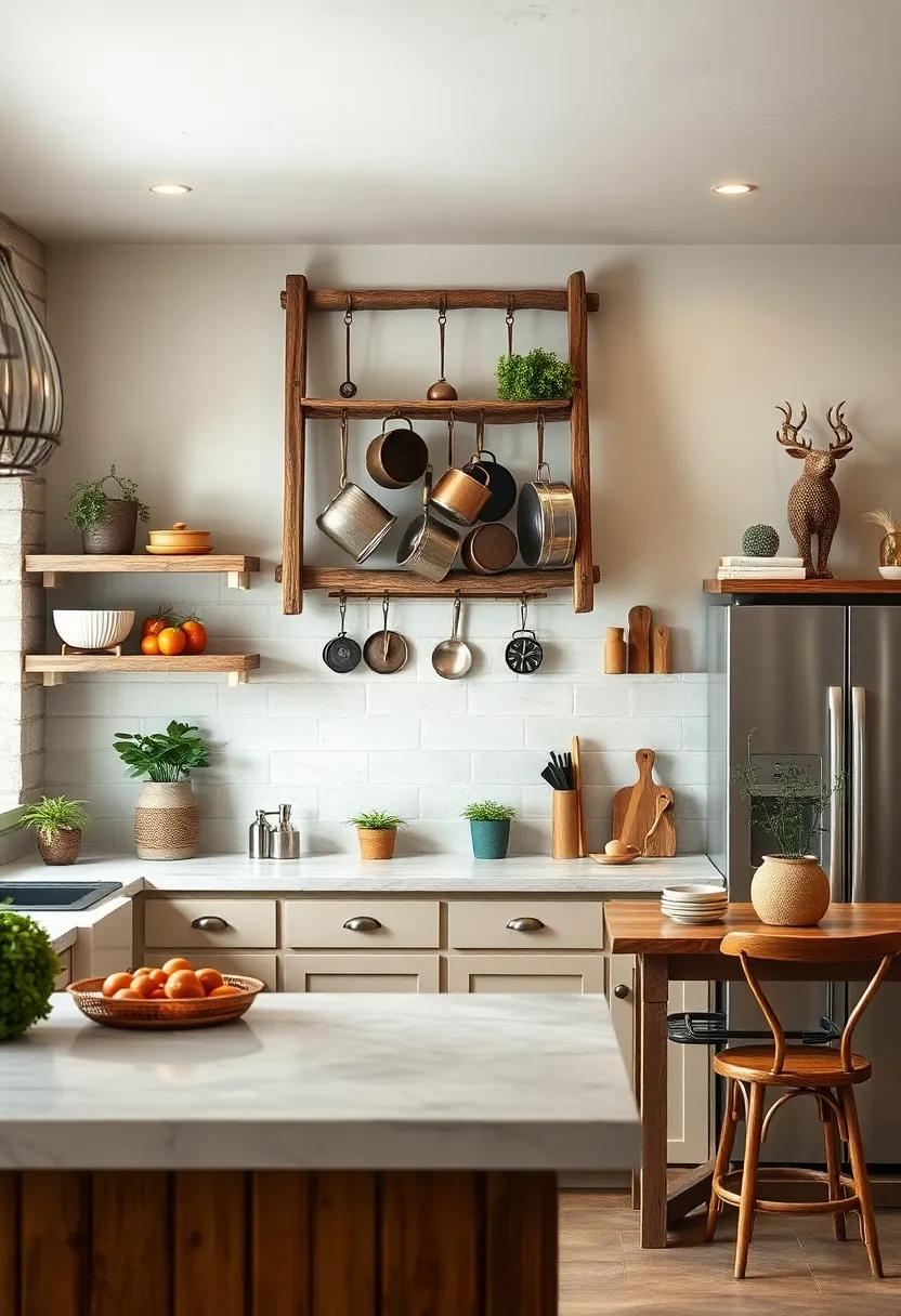 Vintage ladder‌ for pot rack: Repurpose an old wooden ladder as a hanging pot rack to maximize storage with ‍rustic flair