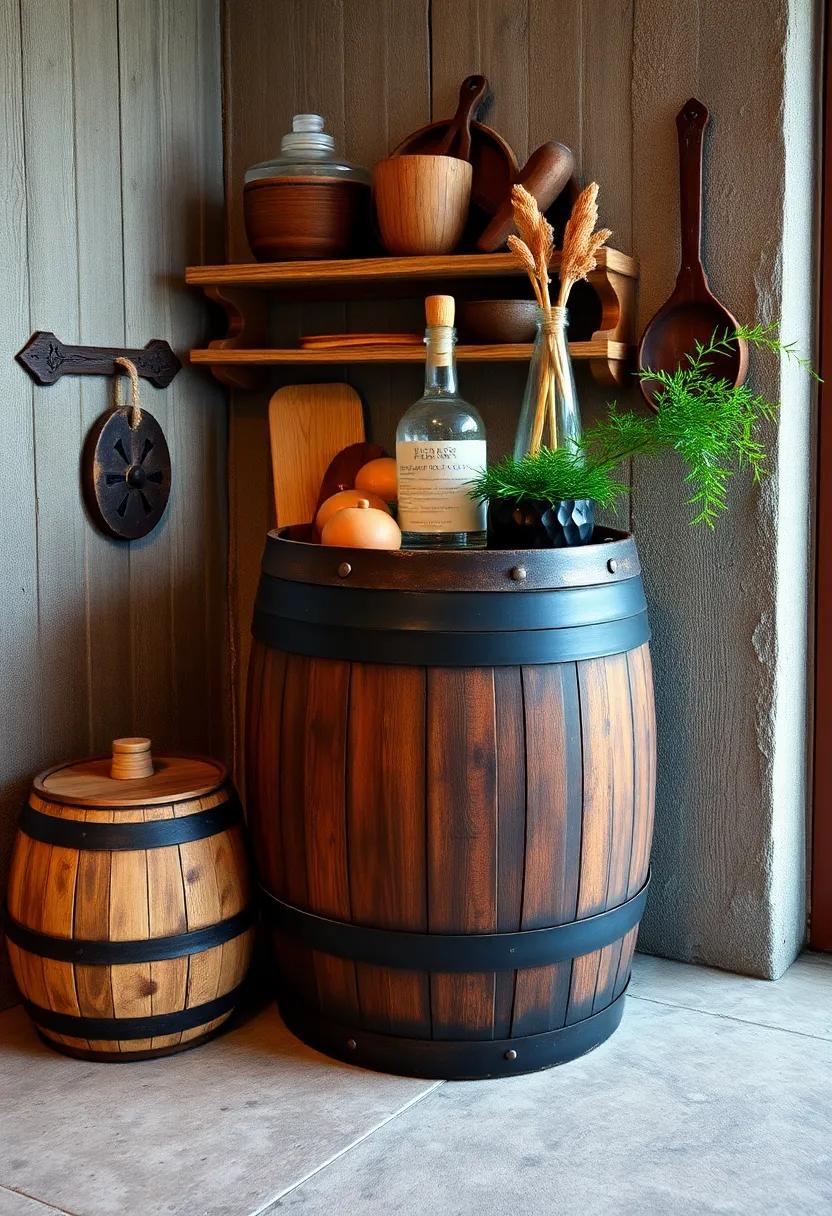 Barrel‍ Storage: incorporate a repurposed barrel as a unique storage solution for‌ kitchen items, ​combining both artistic appeal and practicality