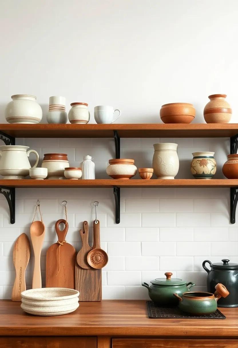 Pottery storage: Display handcrafted pottery or ceramics​ on shelves as​ a testament to natural artistry while‌ offering​ a storage solution for⁣ your cooking implements