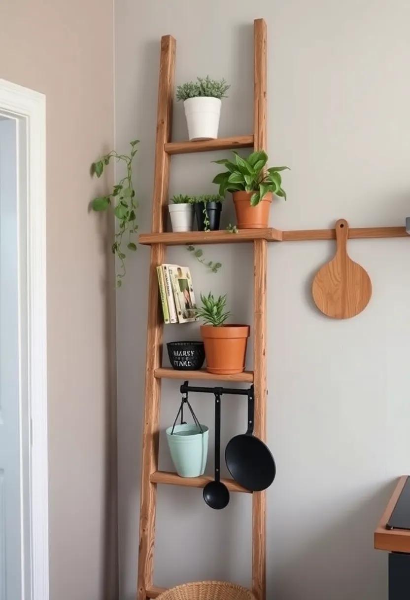 Repurposed Ladder: Lean a ⁢rustic ladder against ​a wall to create a unique display for plants, cookbooks, ⁢and ⁤kitchen ‌tools, giving your space a bohemian flair
