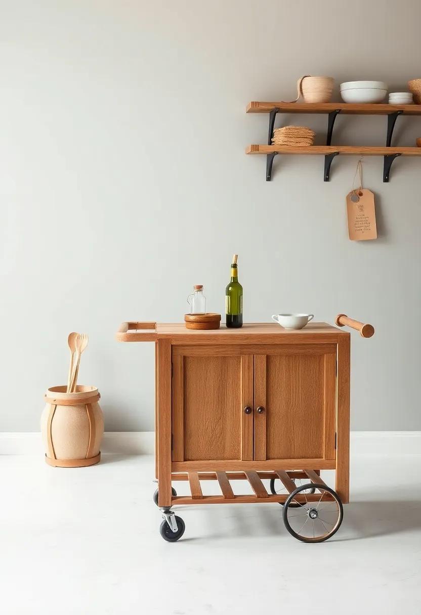 Rustic Cart on Wheels:⁢ Opt for a vintage rolling cart to serve‍ as ⁤a mobile island, providing additional⁤ prep space ‍and storage for bottles ⁤or utensils