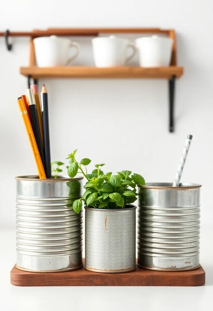 Tin Can Organizers: Recycle tin cans by painting them ⁤and using them as pencil‍ holders or herb pots,⁤ perfect for infusing rustic⁢ charm into your workspace
