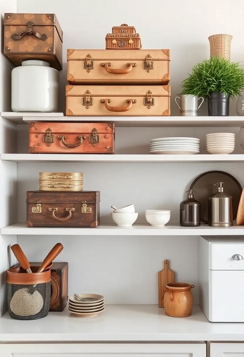 Vintage Suitcases: Stack vintage suitcases on shelves for a ​nostalgic storage option that also serves as an eye-catching decor piece