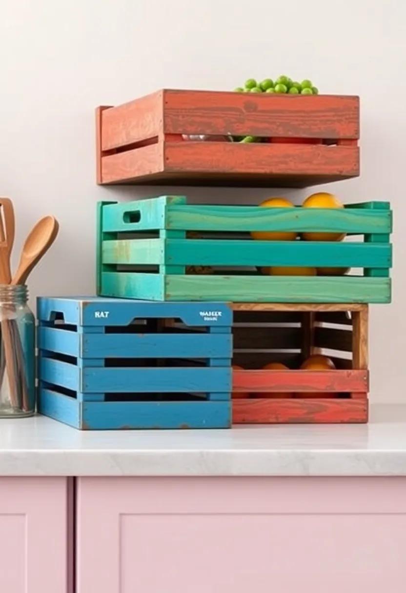 Vintage Wooden Crates: ⁢Stack ​colorful wooden ​crates on the ⁣countertop ⁤for a rustic touch while providing ​ample storage for produce⁣ or ‌kitchen utensils