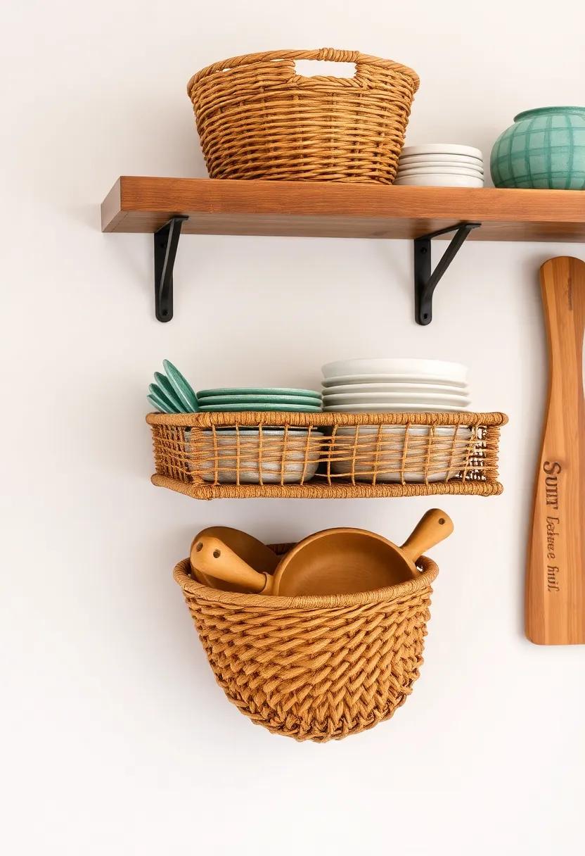 Wall-Mounted⁢ Cookware Baskets: Install wall-mounted baskets to store frequently used cookware, combining efficiency with⁢ a delightful rustic accent that‍ keeps your‍ kitchen⁤ tidy