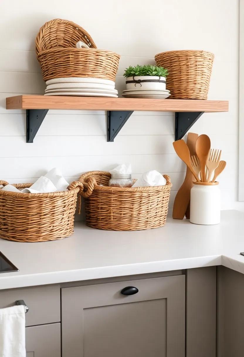 woven Baskets: Incorporate natural woven baskets for a chic yet ⁣practical method to hide ⁢kitchen clutter, such as napkins or snack items
