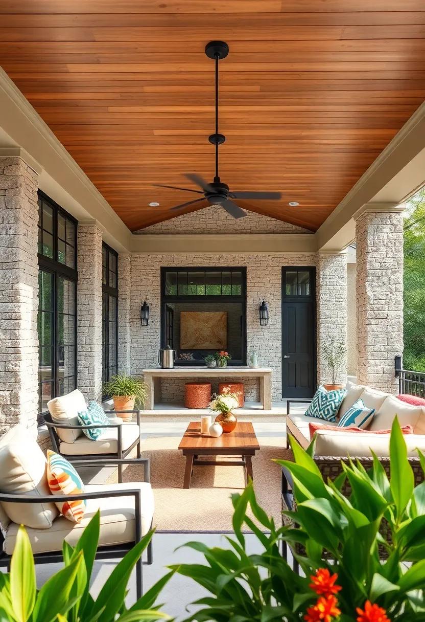 Bold ⁣Architectural ‍Contrast of Smooth Wood Ceilings and‍ Rough-Cut Stone Accents in a Spacious Outdoor ‍Porch