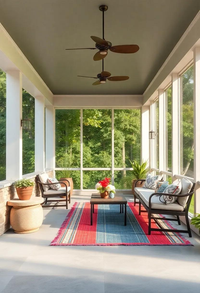 Bright Morning Sunlight Illuminating Hand-cut Stone​ Borders ‍and Vibrant ⁢Outdoor Rugs on‌ a Screened ⁢Porch