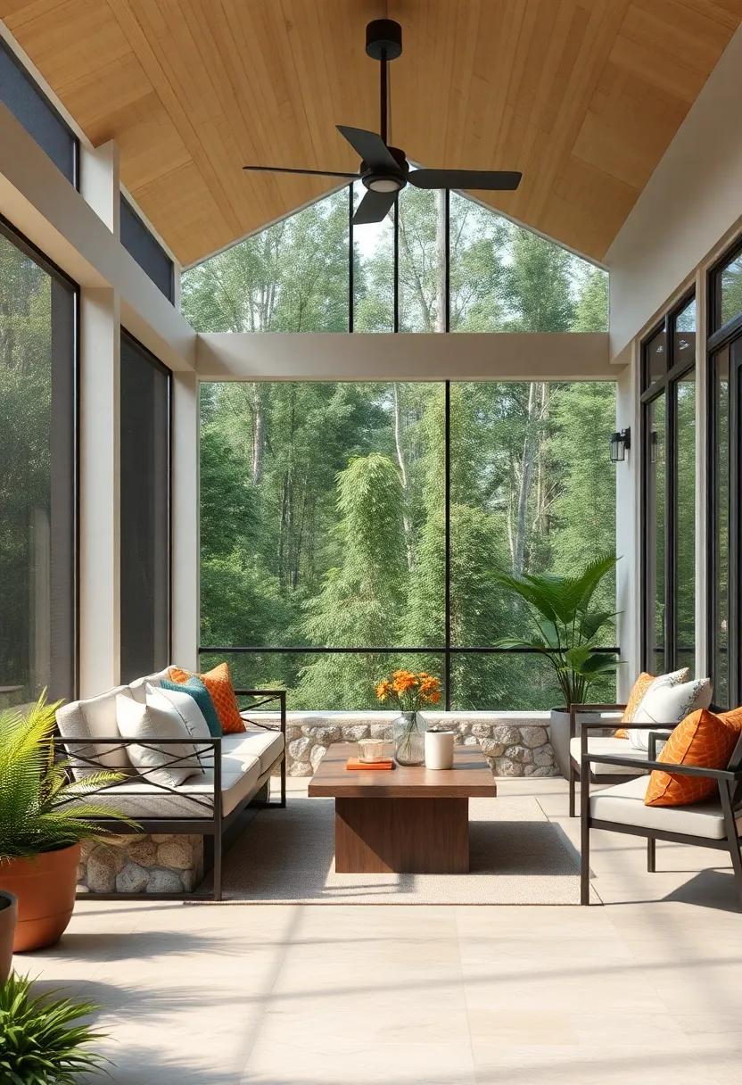 chic Modern Screened Porches Balanced by Sleek Stone Benches and Minimalist Decor