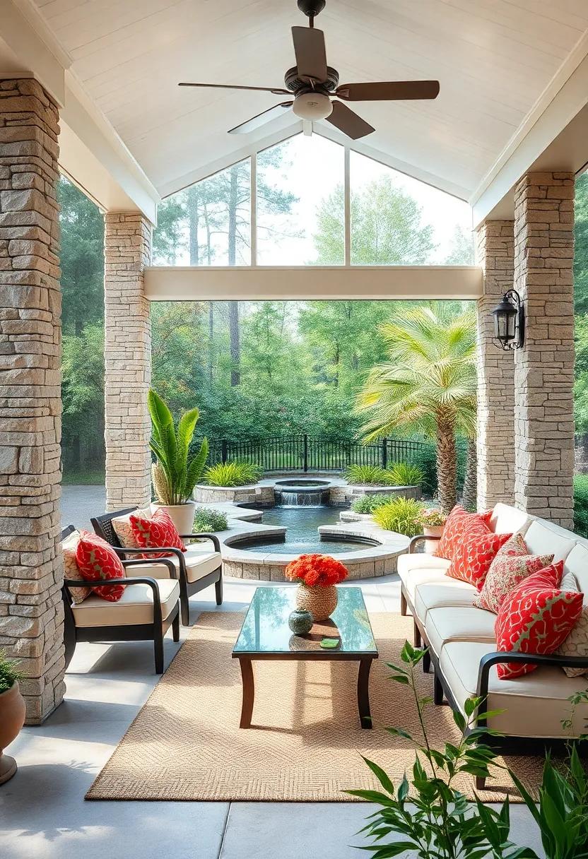 A Classic Screened Porch ⁣With⁤ elegant Stone Columns Overlooking a ​Tranquil Garden​ and ​Flowing water Feature