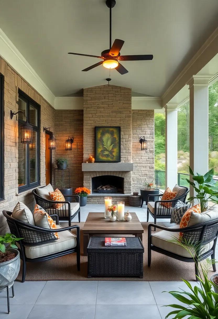 Classic Meets Contemporary in a Screened⁢ Porch‌ Design Emphasizing Distinctive⁣ Stonework and Clean Lines
