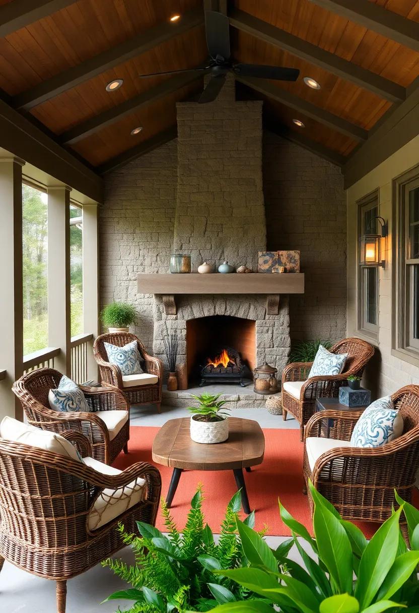 Classic Stone Fireplace Surrounded by Wicker Seats and Soft Pillows Creating a Peaceful retreat
