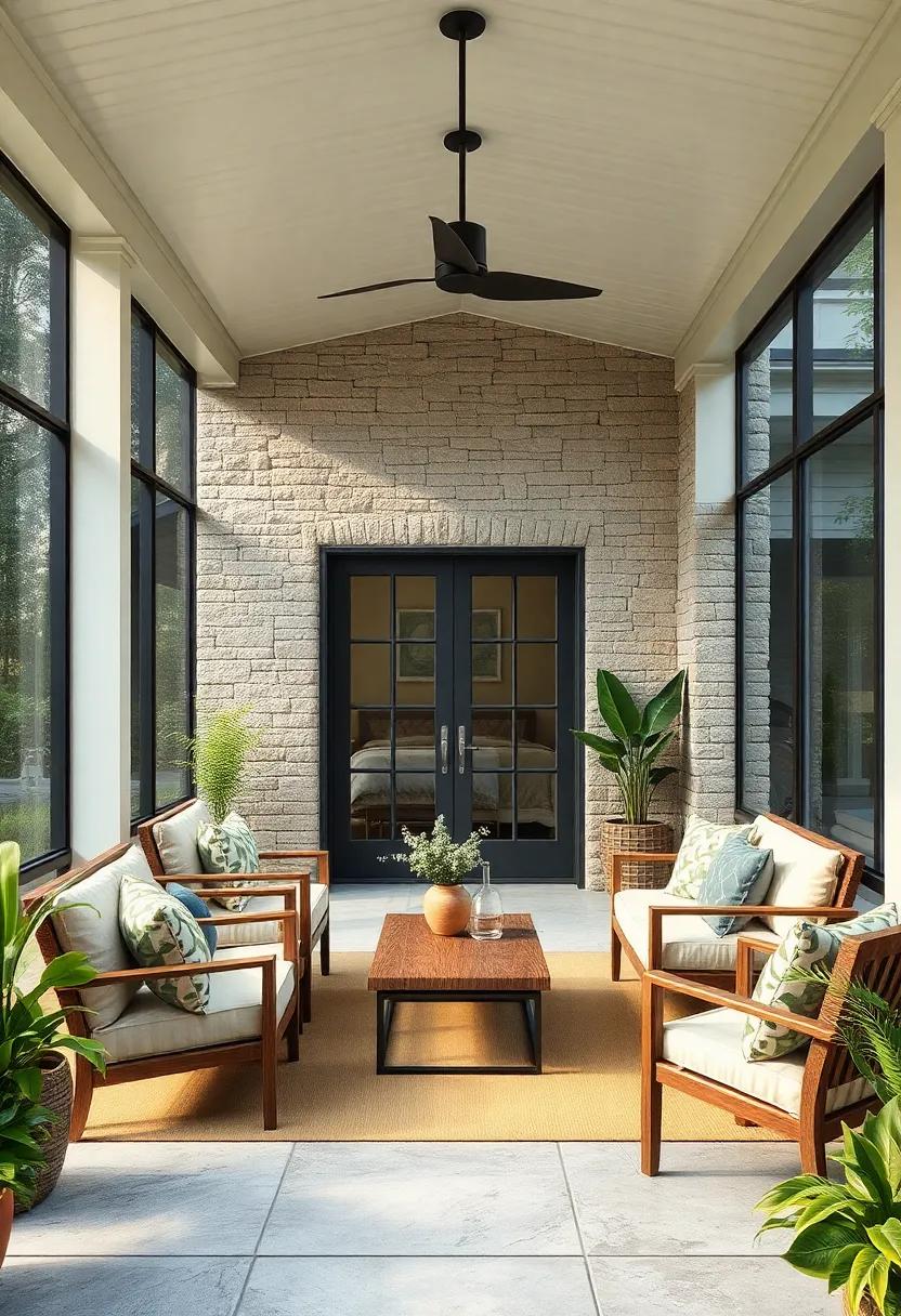 Contemporary Screened Porches Mixing Smooth Stone Surfaces with Textured Wooden Furnishings