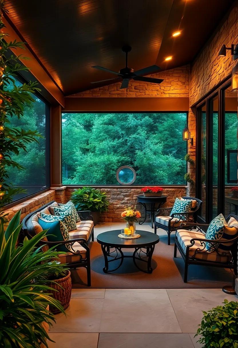 Cozy Evening Ambiance Created by Warm Lighting on ⁣a⁢ Stone-Accented‌ Screened Porch Surrounded by ⁢Lush Greenery