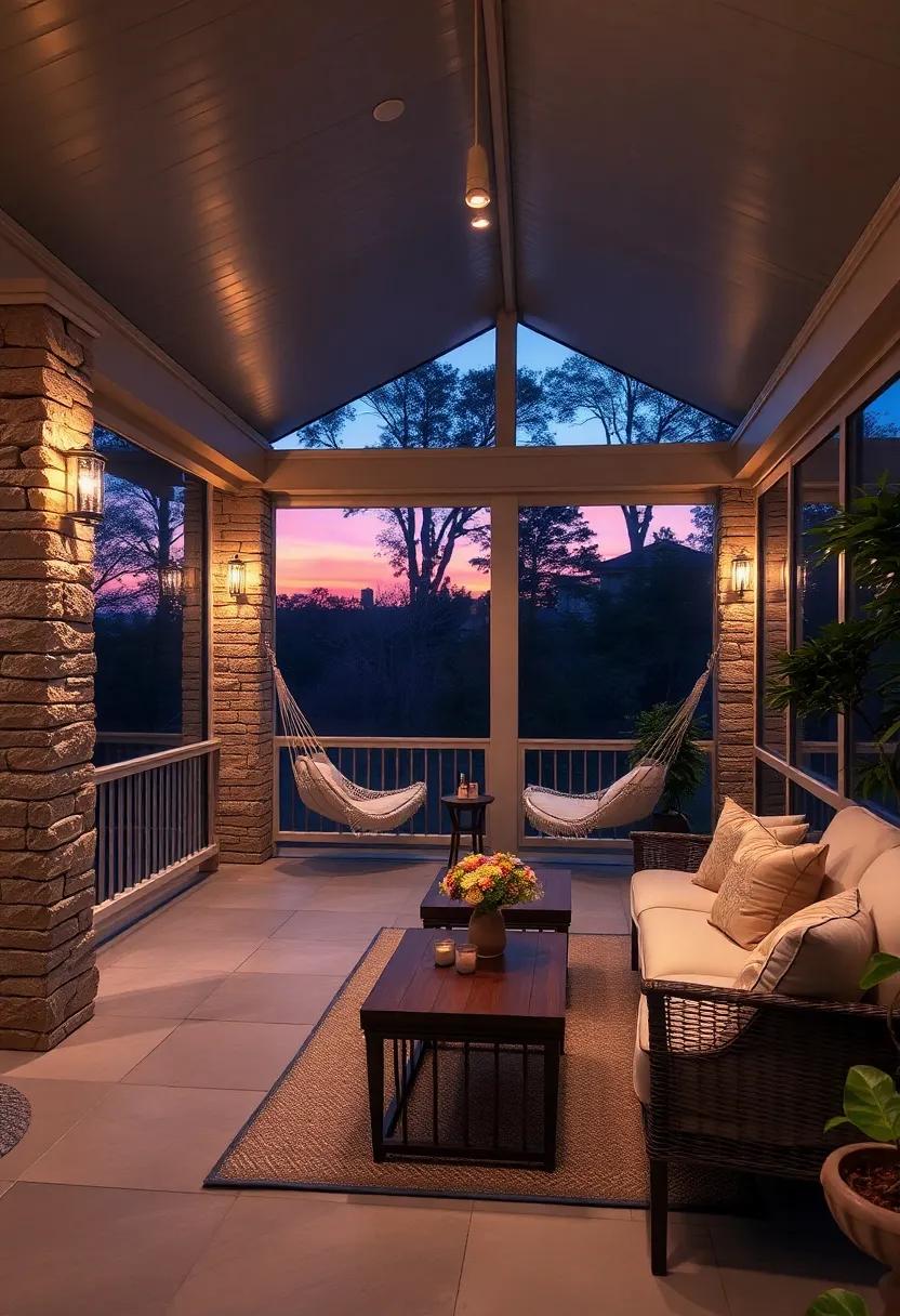 Dreamy Twilight ⁣Scene Spotlighting ⁢Illuminated‍ Stone pillars ‌and Soft ⁤Hammocks on⁢ a ​Quiet screened Porch