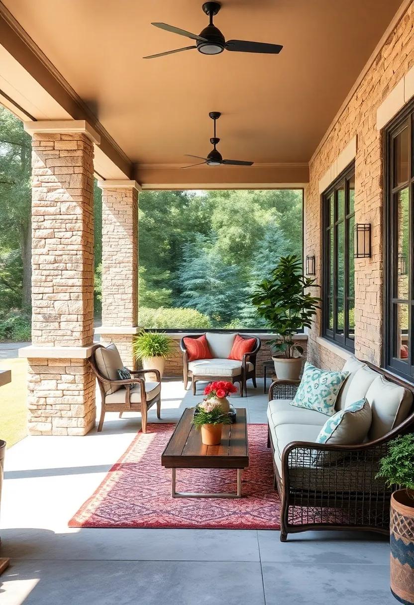 Elegant Stone Columns Framing Airy screened Porches with Comfortable Seating and Soft Lighting
