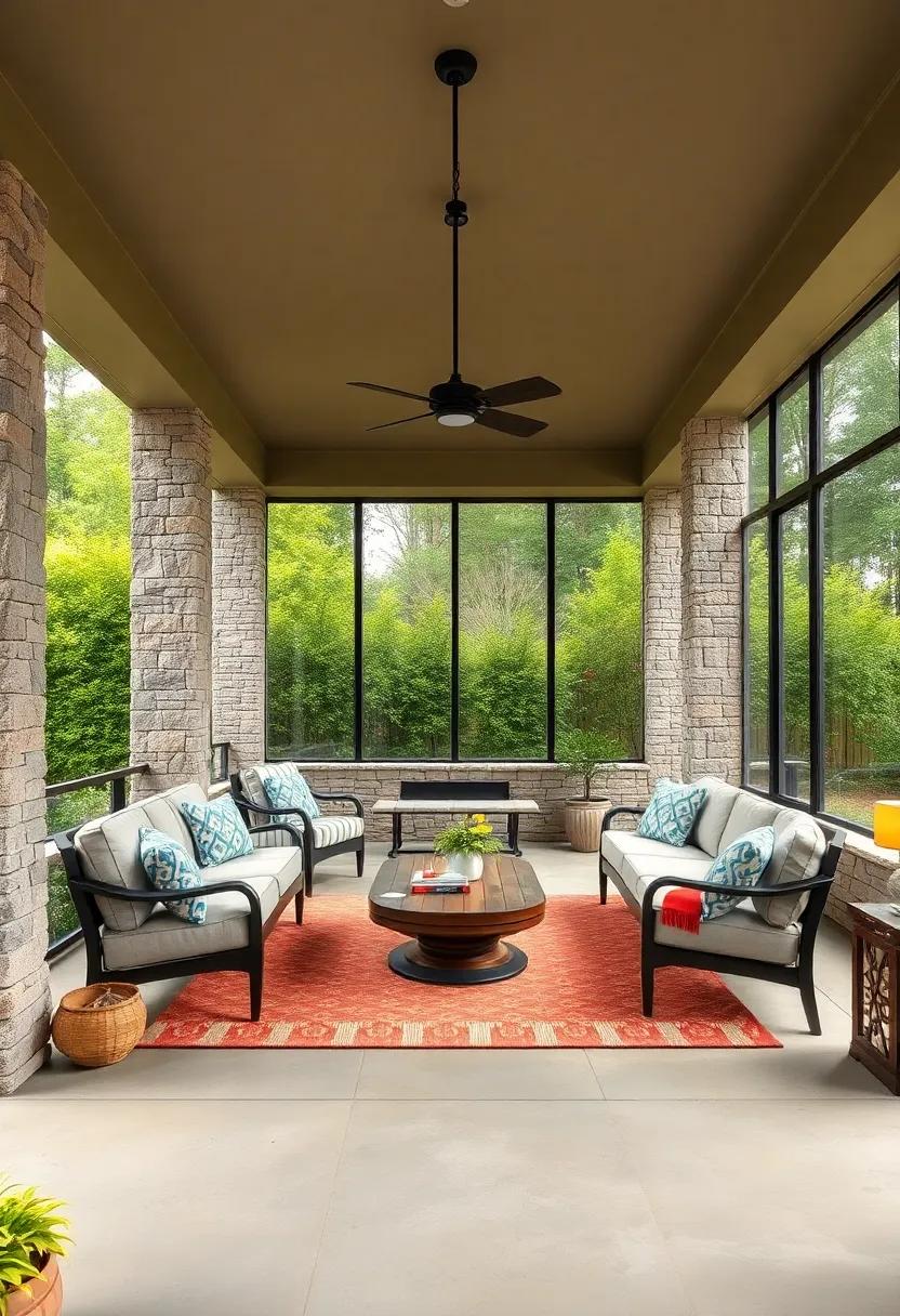 Elevate⁣ Your Backyard with ⁢a Serene Screened Porch⁤ Framed by ‍Rustic Stone Pillars and Verdant Landscaping