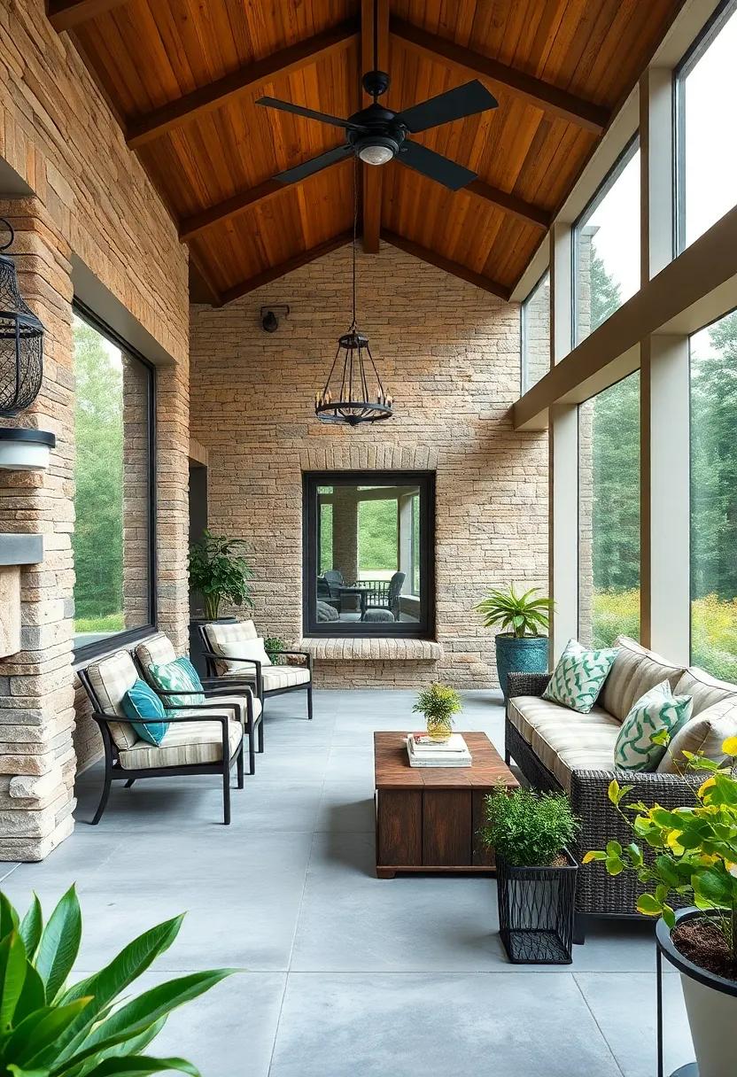 Harmonious ⁢Fusion of⁤ Natural Stone ​and Artisan Metalwork ‌on a Spacious Screened Porch with Panoramic Views