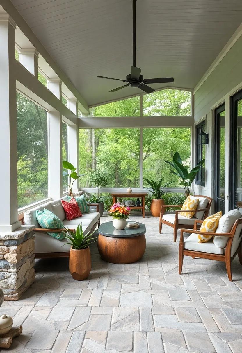 Intricate Stone⁤ Mosaic Patterns​ Anchoring a Stylish Screened Porch Filled ​with Botanical Elements ‌and Natural Textures
