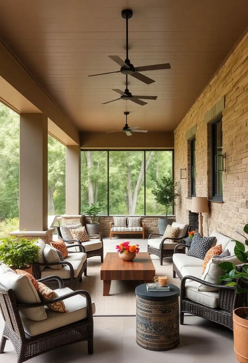 Inviting ⁢Open-Air Living Space Highlighted by Textured Stone‍ Walls ⁢and Comfortable​ Furnishings with Earth Tones