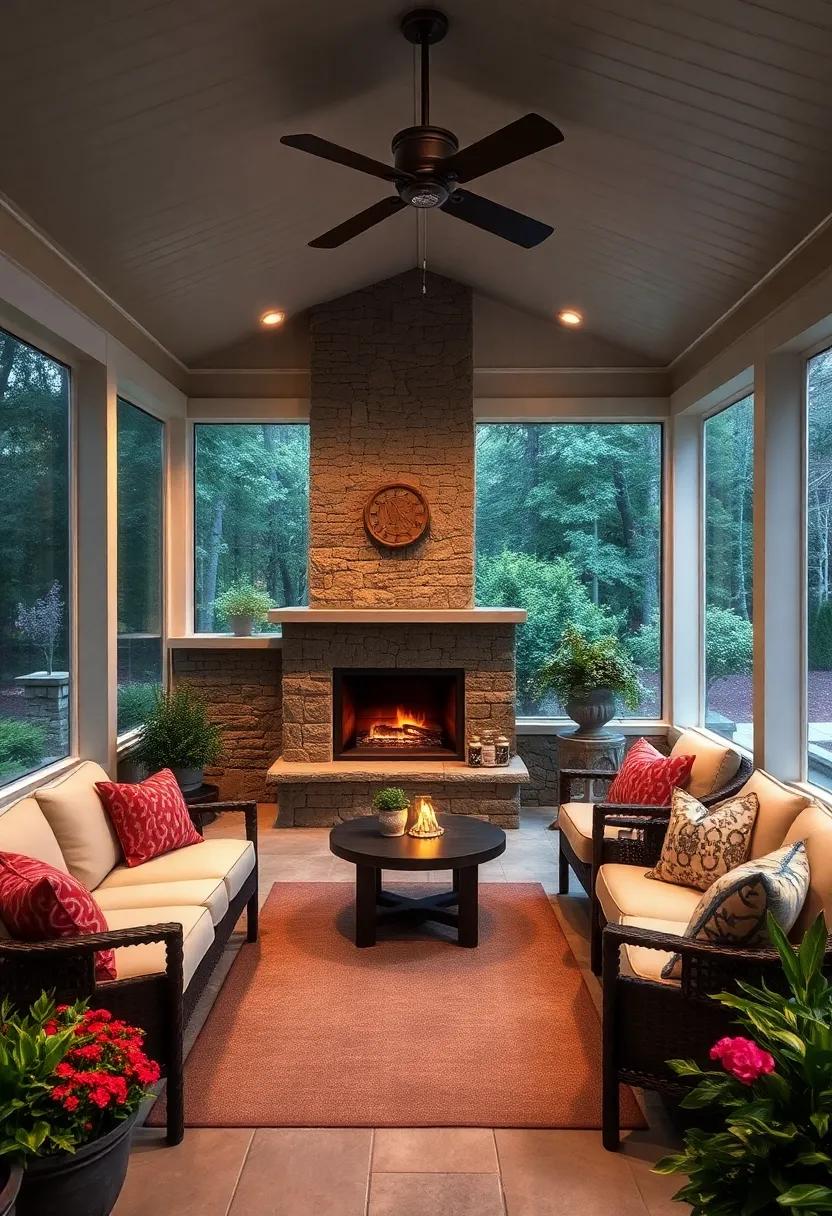 Inviting Fireplace Smoldering‌ Amid Sturdy‌ Stonework on a Wide screened porch with Plush ⁢Seating Arrangements
