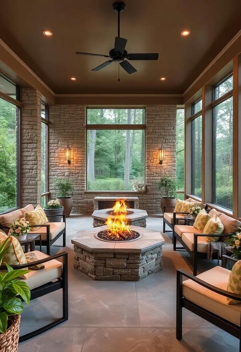 Inviting Evenings on Screened porches Featuring Stone Firepit Centers Surrounded by Plush Seating