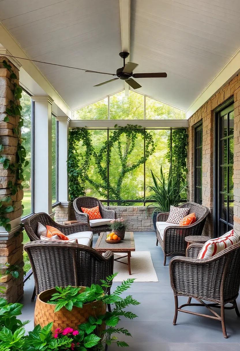 Lush Ivy⁣ Cascading Over Stone⁤ Facades Surrounding ‌a​ Vintage-Inspired Screened ​Porch with Wicker Furniture