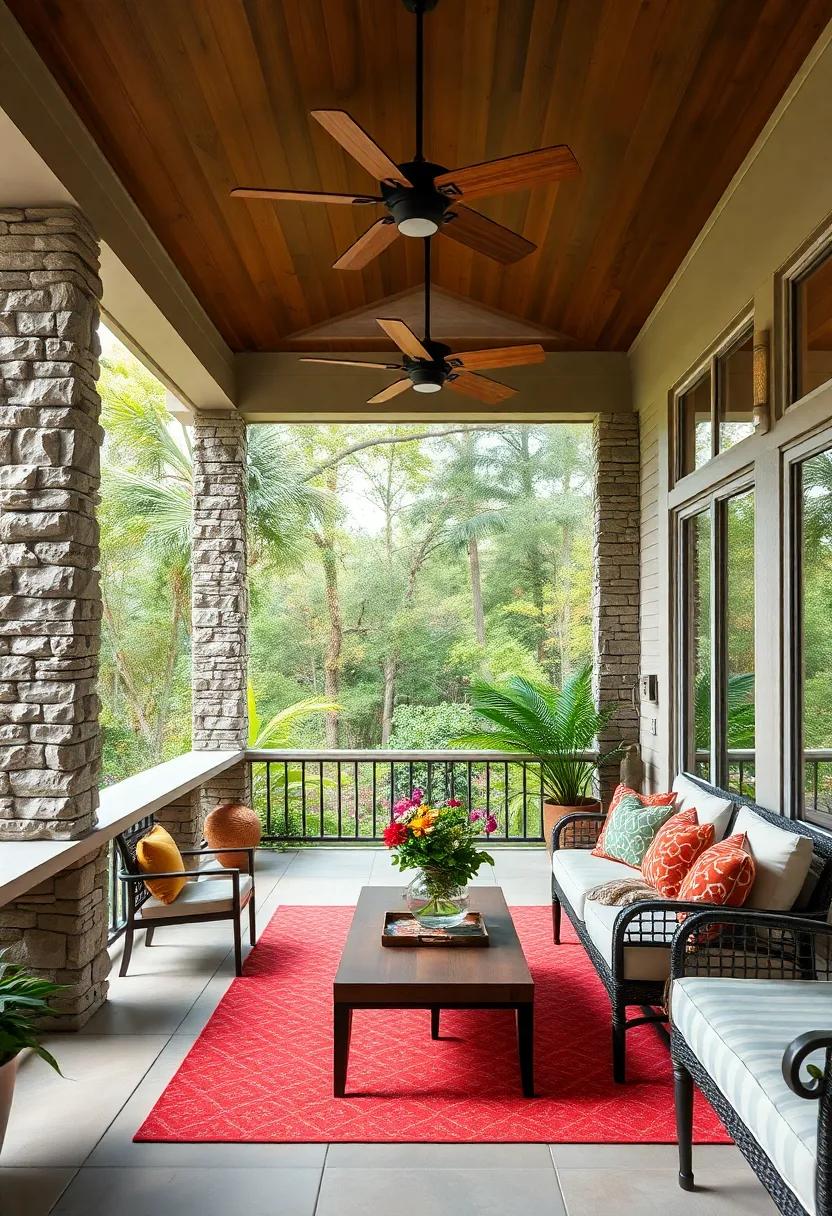Lush Garden Views Framed by screened Porches with Textured Stone Balustrades and Wooden Ceiling Fans