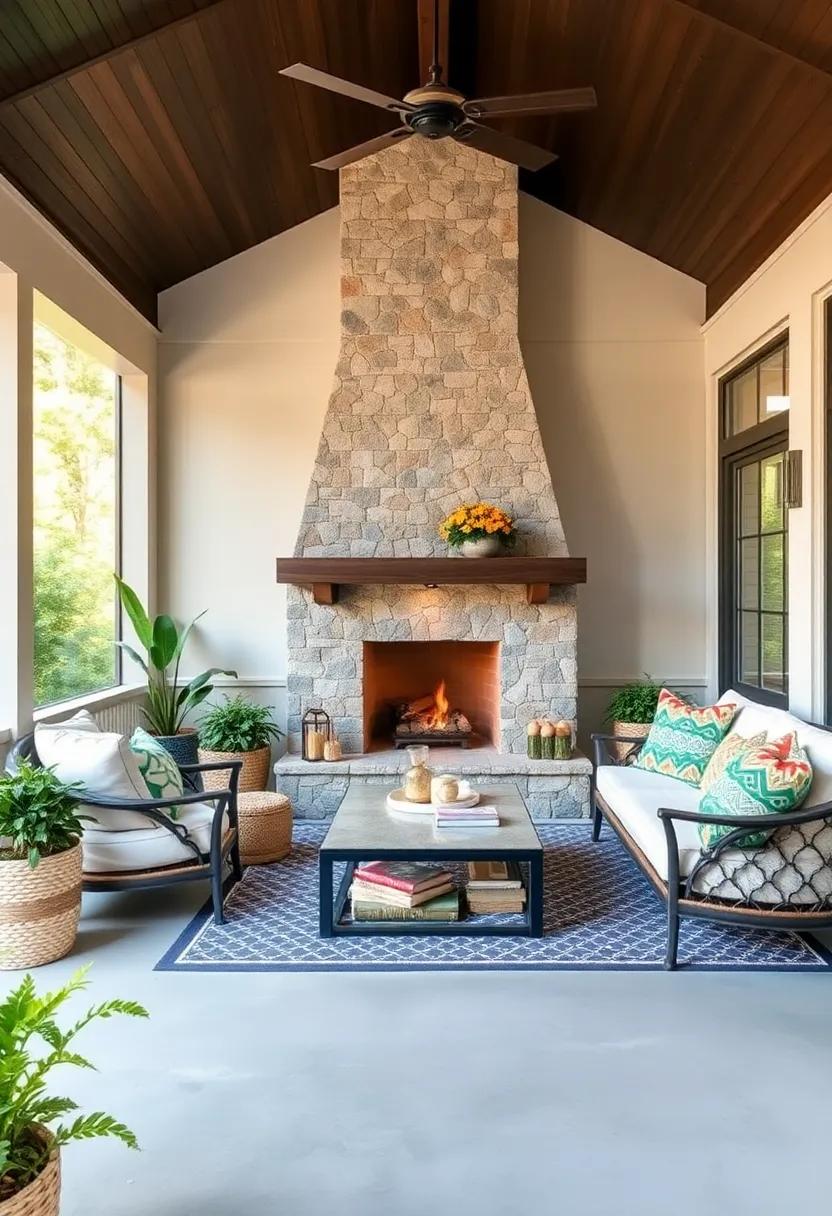 Mosaic ‌Stone Fireplace Serving as ​the Centerpiece ‌of‍ a Bohemian Style Screened Porch with Eclectic Patterns