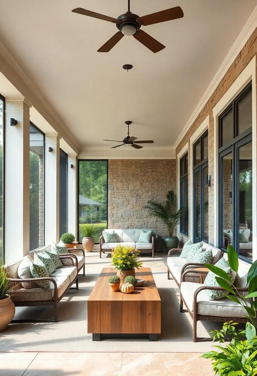 Natural Stone Accents Framing an ⁣Expansive porch with Floor-to-Ceiling Screens and Plush Seating clusters