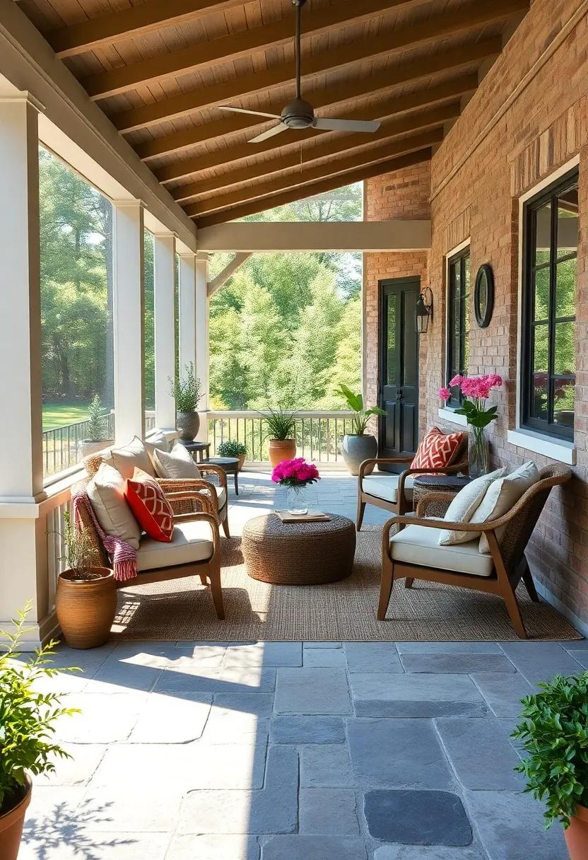natural Stone Flooring Complementing Woven Rugs and Comfortable chairs on a Sunlit Porch