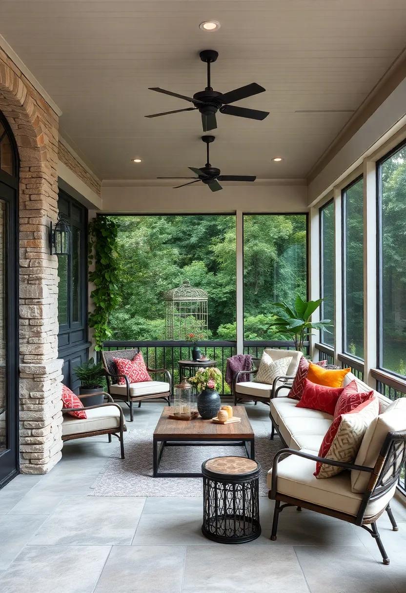 Nature-Inspired Screened Porches Bringing Earthy Stone Features and Green Vines Together