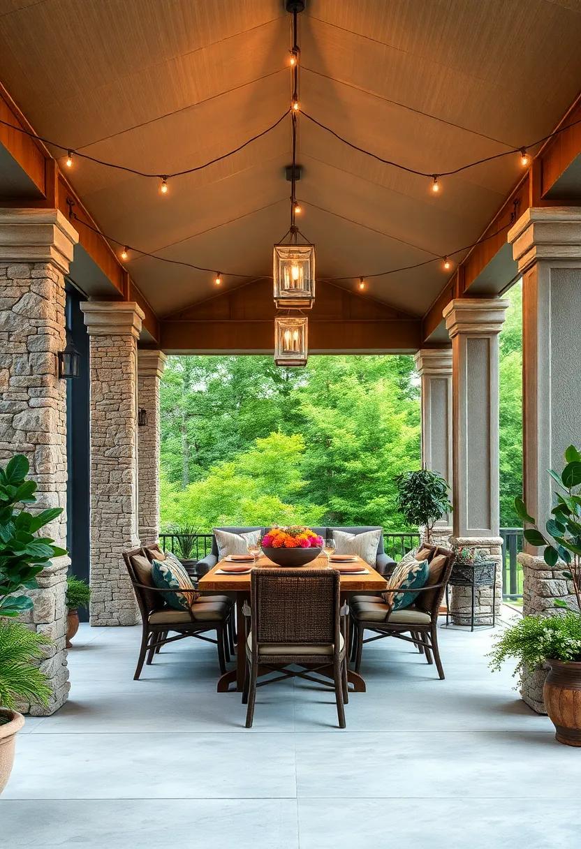 Open-Air Dining Under String Lights Hung ⁣from ⁢Timber⁤ Beams Supported by sculpted ​Stone Columns on a⁣ Screened ⁣Porch