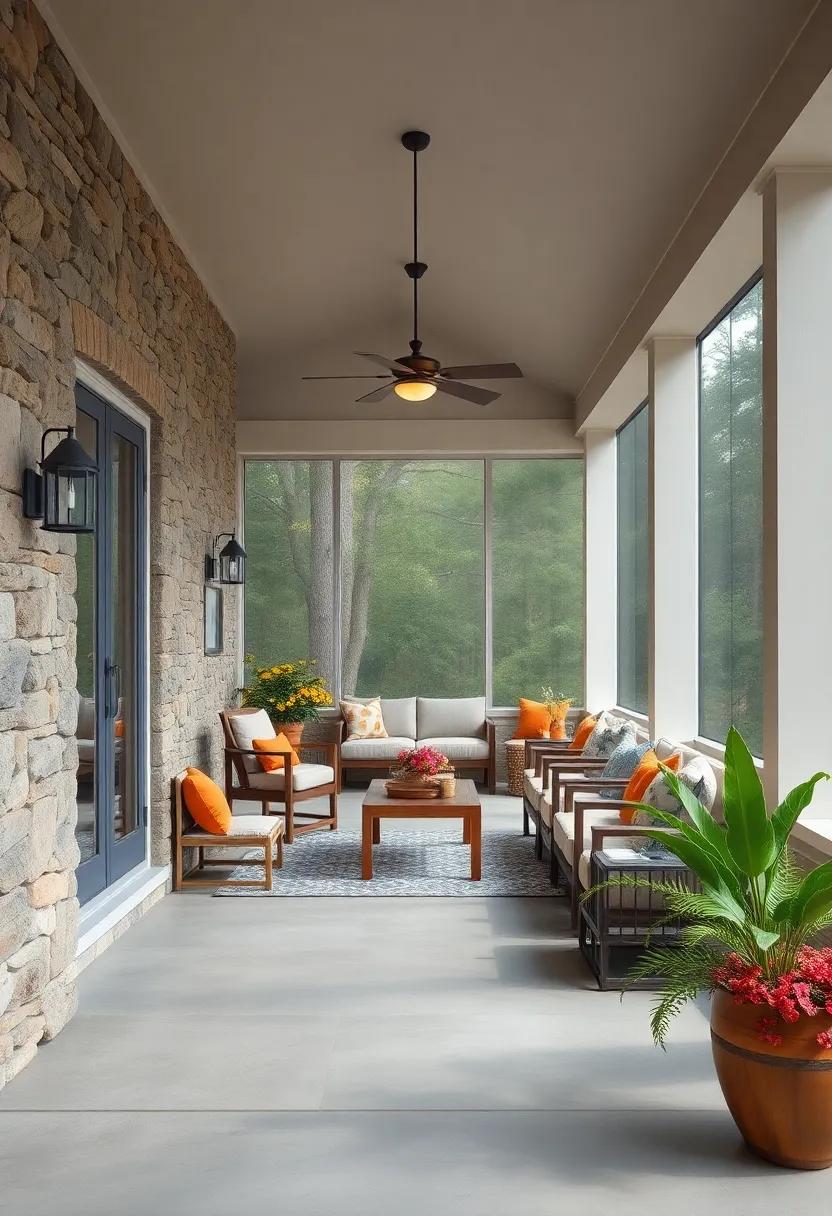 A ​Refined Country Chic Screened Porch Surrounded by Rugged Stone Walls and Warm Wooden Accents