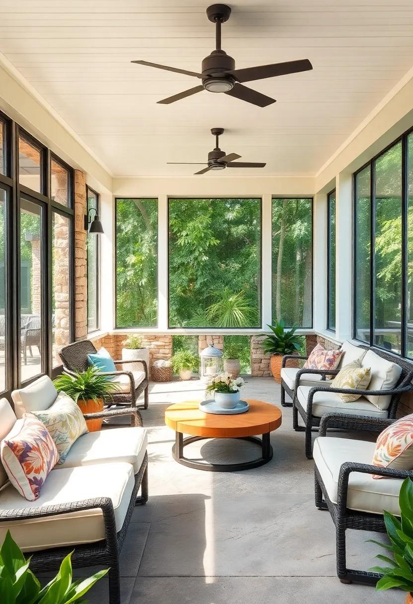 Relaxed Coastal Style ‌Screened Porch With Driftwood tones and ⁤Granite Stone Accents Incorporating Nautical Decor