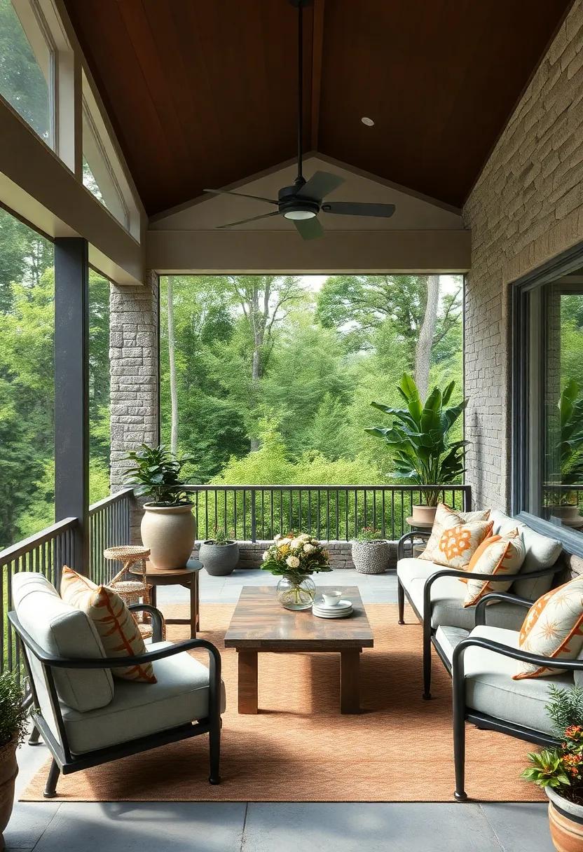 Rich Textured Stone Surfaces Paired With⁤ Neutral⁣ Toned Furnishings Creating a Calm ⁣Environment on a Screened Porch
