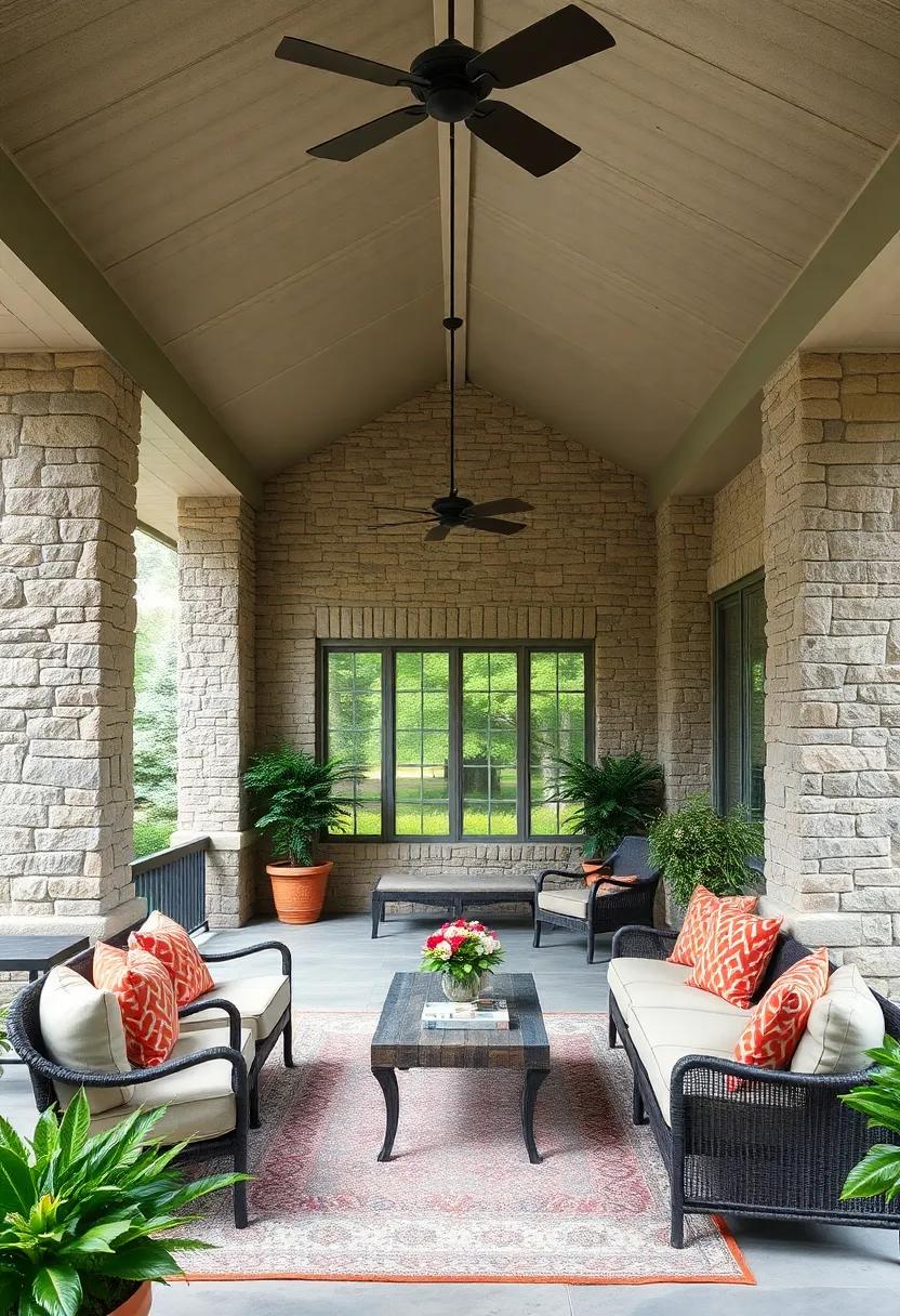 Rustic ⁤Elegance Showcased⁤ by Weathered‍ Stone ‍Columns Supporting a Vaulted Ceiling‌ in an ⁤Inviting​ Outdoor Space