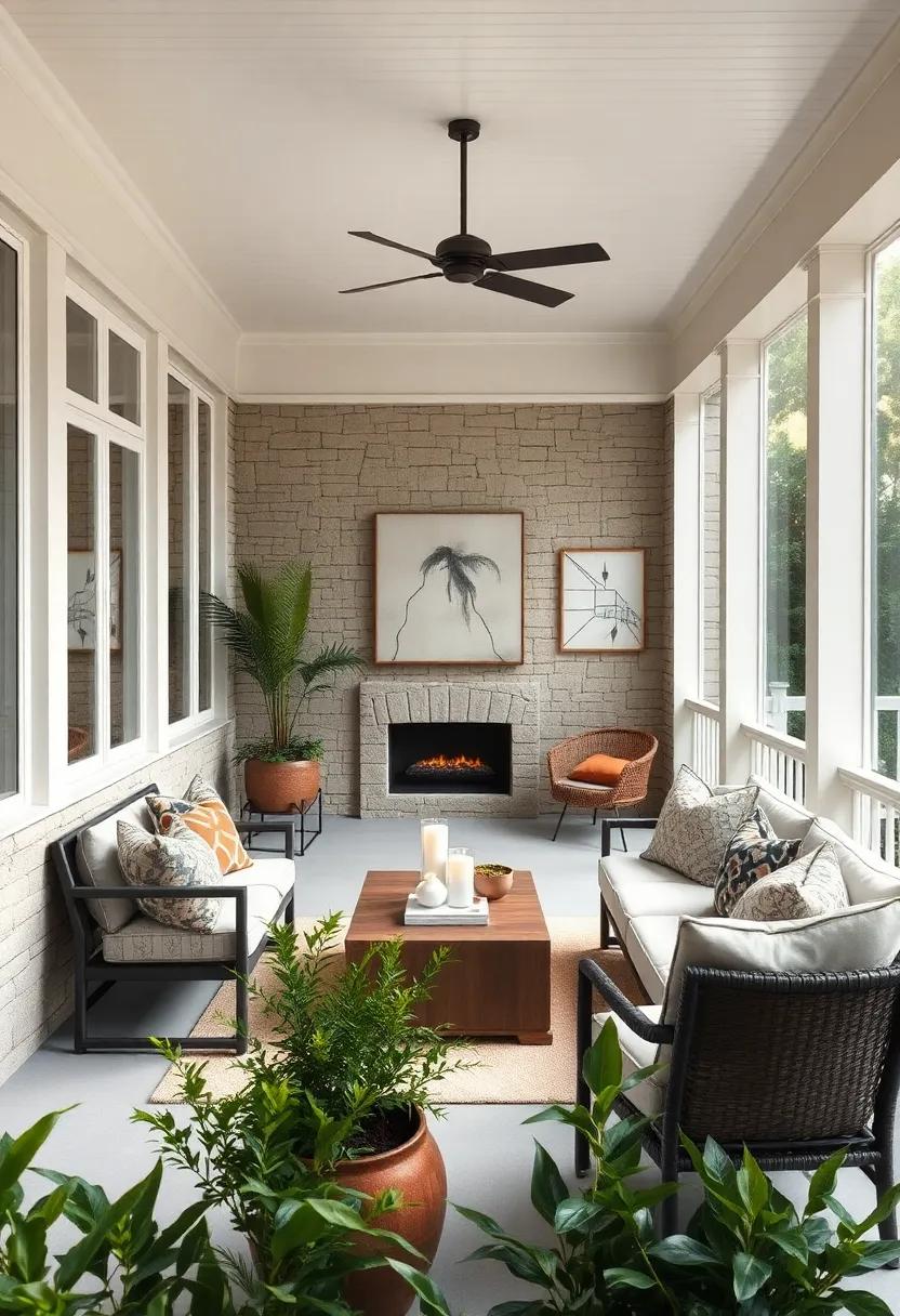 Seamless Blend⁤ of Modern Minimalist⁤ Furniture‍ and ‌Timeless Stone⁤ Details in a Bright Screened‍ Porch Setting