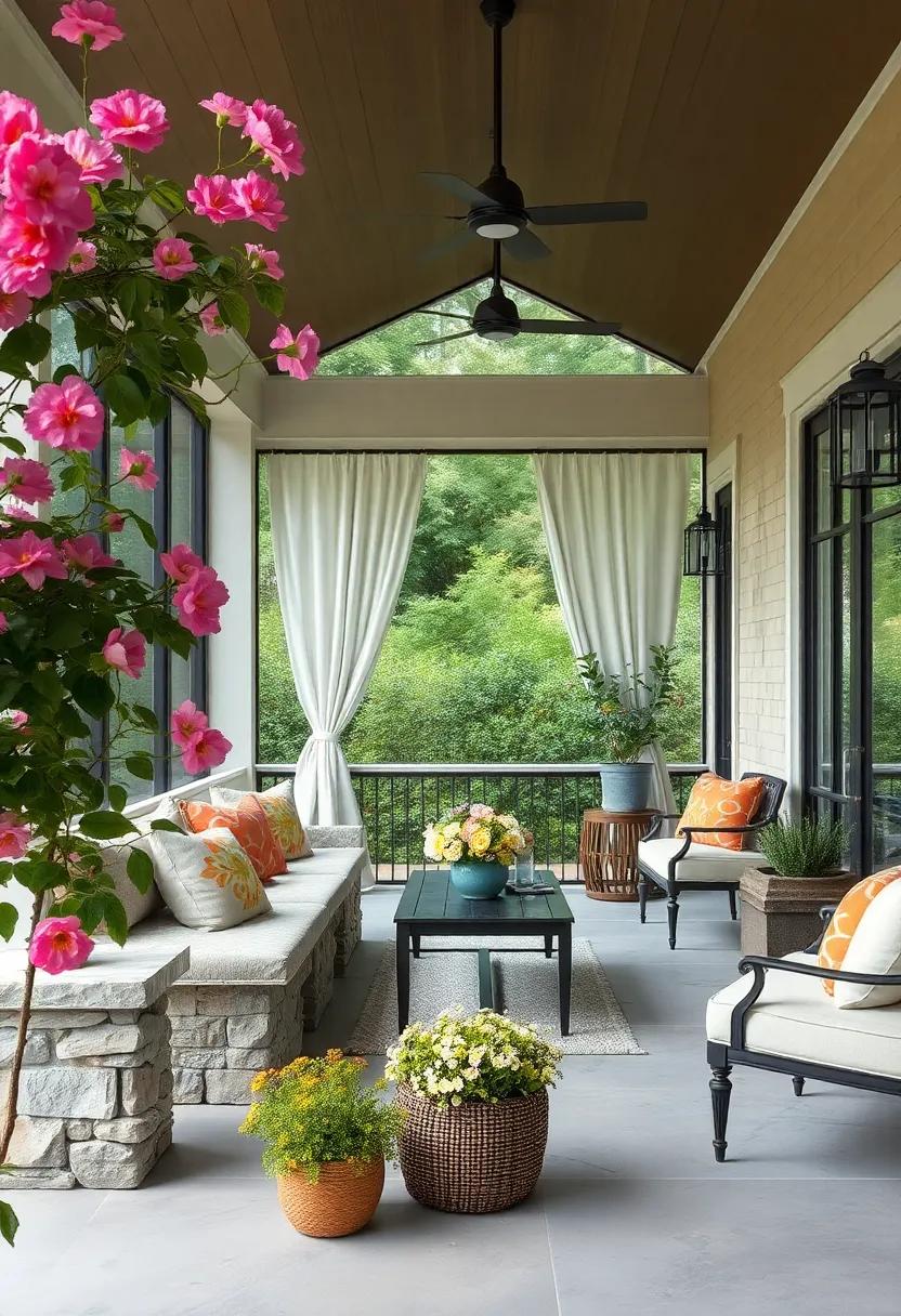Seasonal Blooms Framing ‍a Stately Screened​ Porch Featuring Curved Stone Benches and Soft‌ Outdoor Drapery