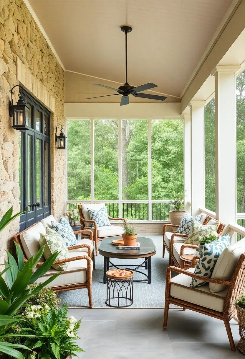 Serene Coastal-Inspired Screened Porches Blending Driftwood Tones and Weathered Stone Details