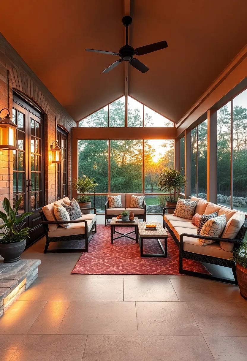 Soft Sunset Glow‍ Reflecting off ‌Polished Stone Accents That Border a Wide, Open Screened Porch