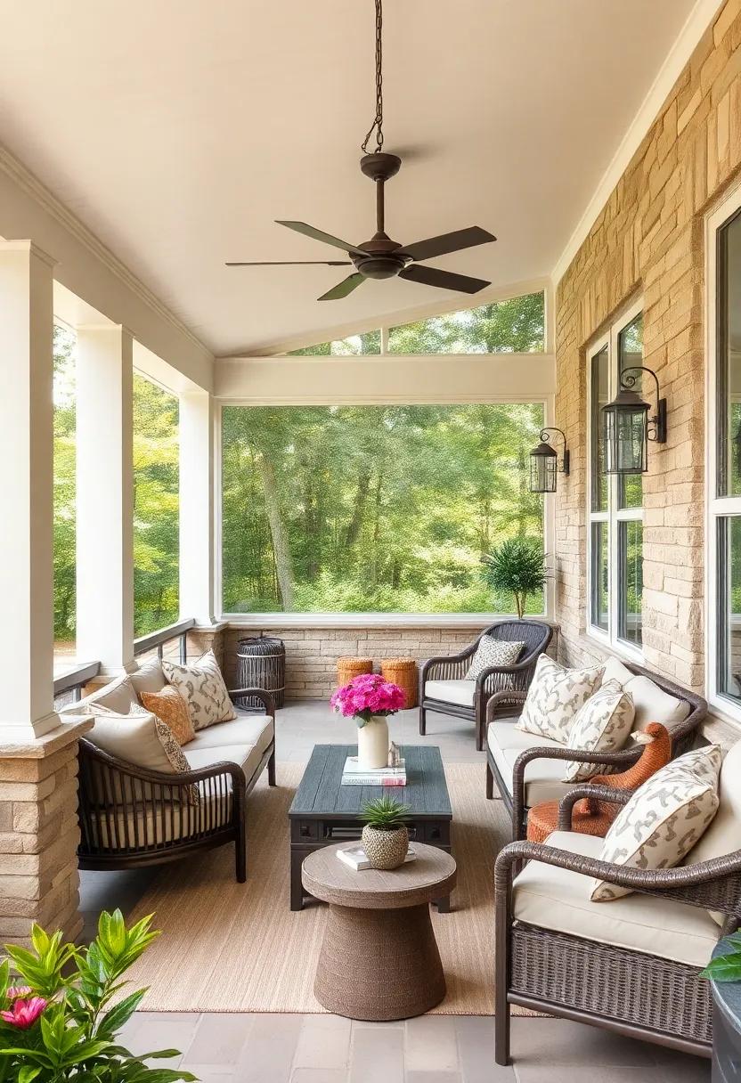 Soft, Neutral Color Palettes Highlighting Stone Accents and Lightweight Screens in a Relaxing Porch Space