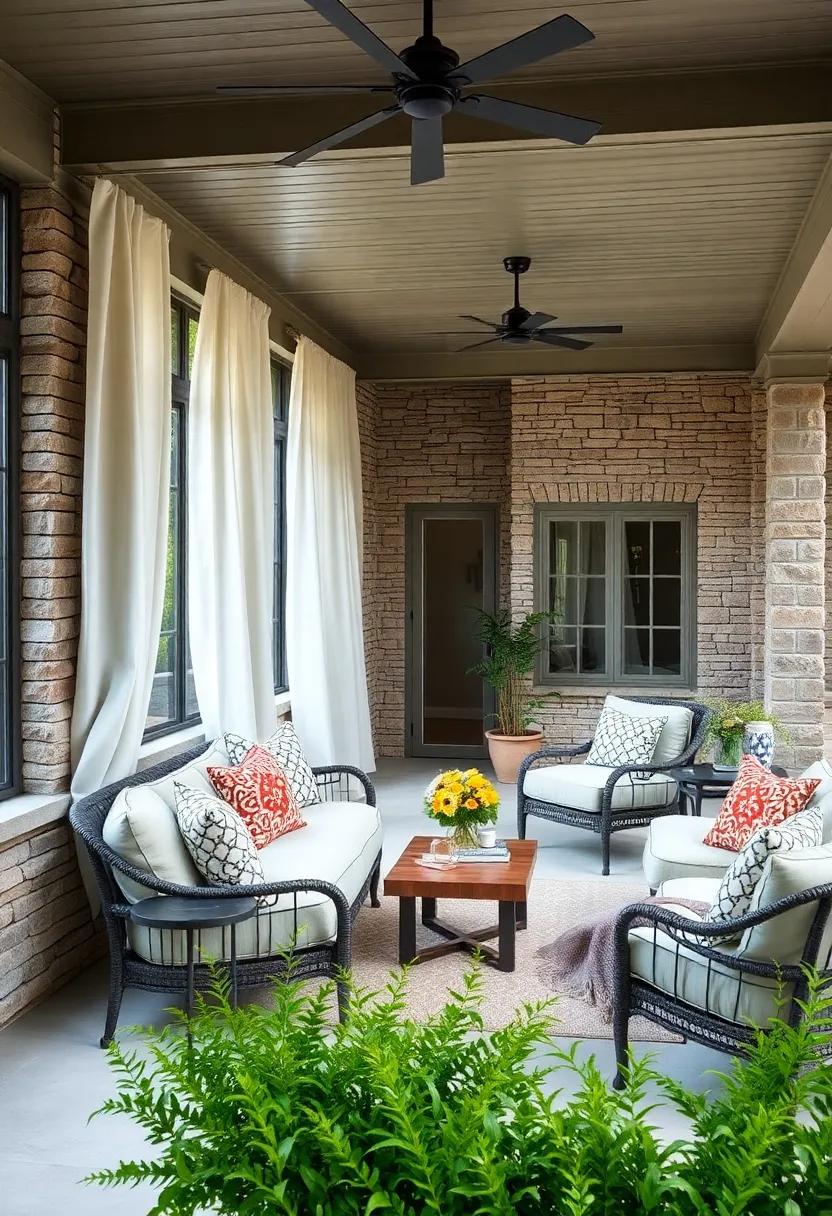 Soft Linen Curtains Flowy Around Stone-Enhanced Porches Creating a Dreamy Retreat